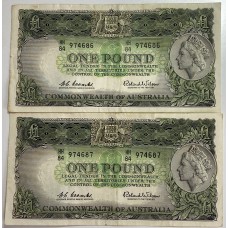AUSTRALIA 1961 . ONE 1 POUND BANKNOTE . COOMBS/WILSON . CONSECUTIVE PAIR